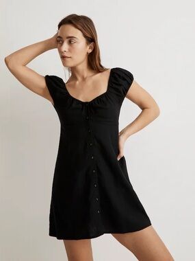 Madewell Margie Mini Dress - Black Button-Front Linen with Puff Sleeves